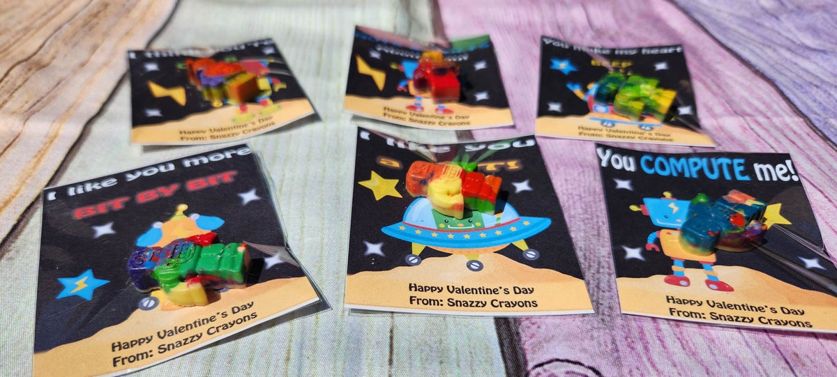 Robot Valentine’s Day Cards with Crayons – Personalized Kids Classroom Gift Handouts
