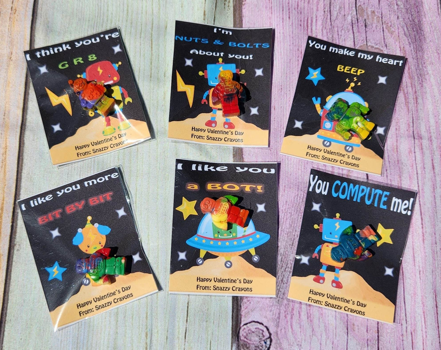 Robot Valentine’s Day Cards with Crayons – Personalized Kids Classroom Gift Handouts