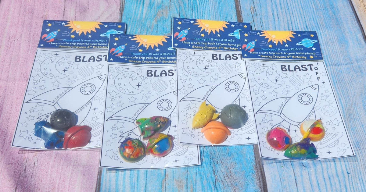 Space Theme Party Favor Coloring Kits, Crayon names, Crayons, Birthday Party Blast Off, Aliens, Personalized Party Favors