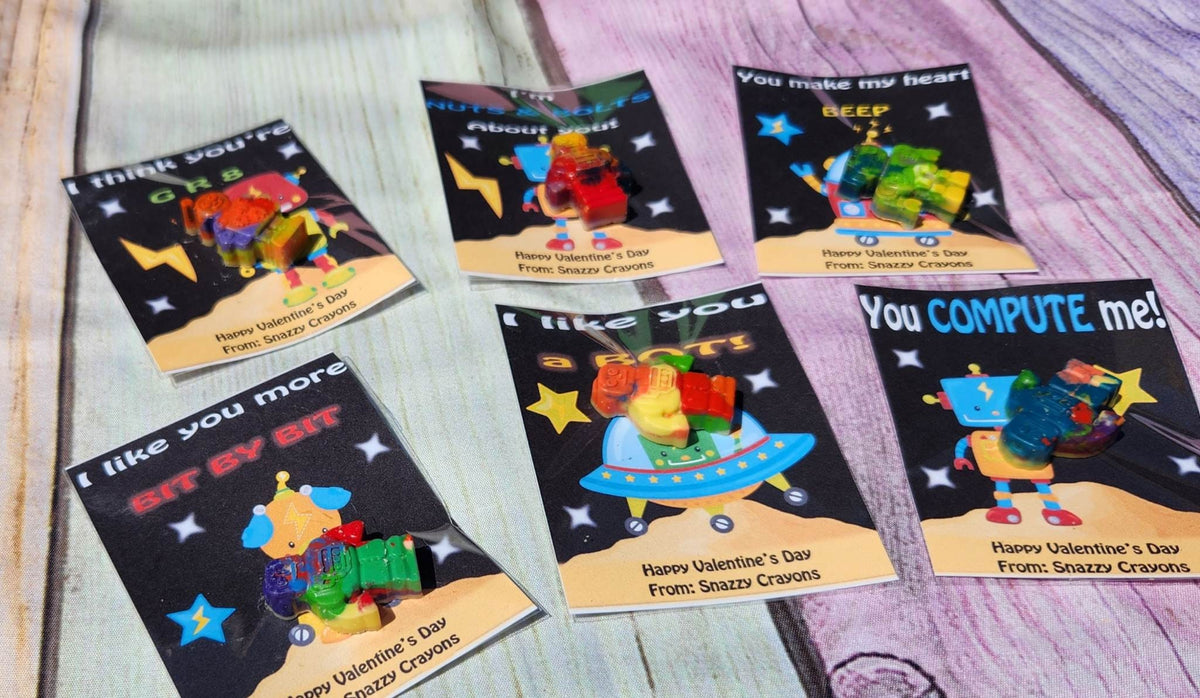 Robot Valentine’s Day Cards with Crayons – Personalized Kids Classroom Gift Handouts