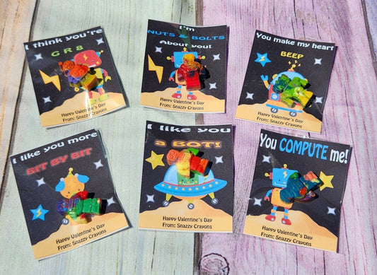 Robot Valentine’s Day Cards with Crayons – Personalized Kids Classroom Gift Handouts