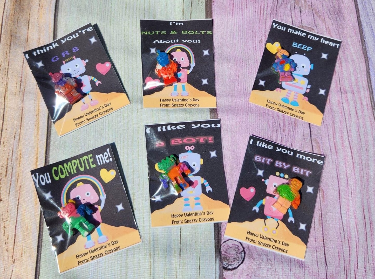 Robot Valentine’s Day Cards with Crayons – Personalized Kids Classroom Gift Handouts
