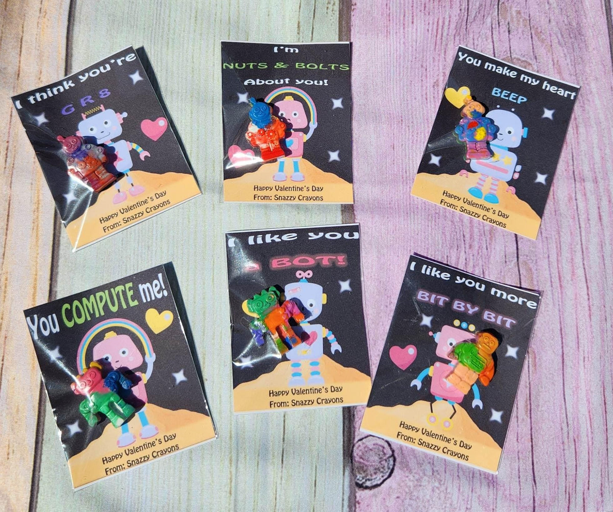 Robot Valentine’s Day Cards with Crayons – Personalized Kids Classroom Gift Handouts