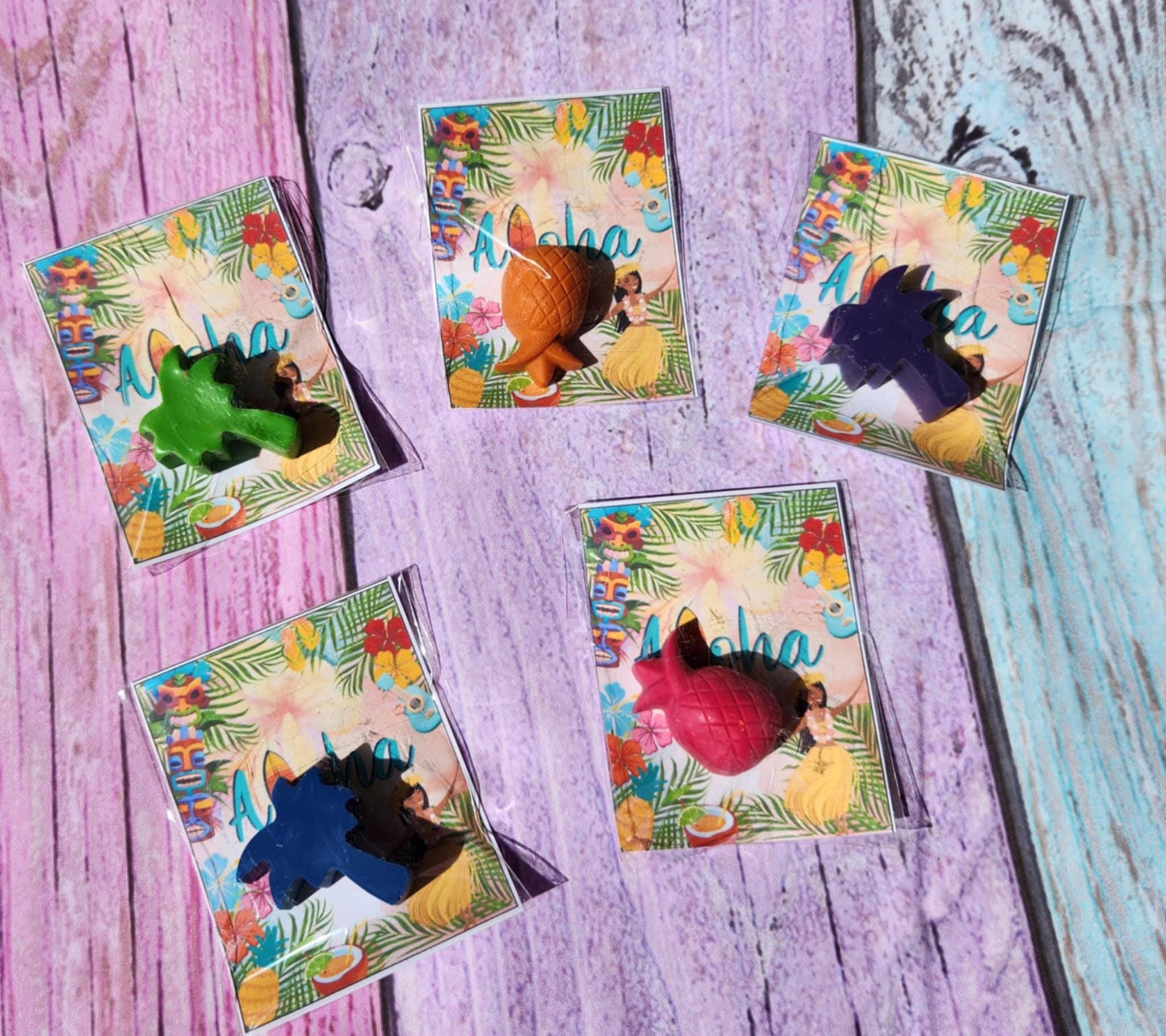 Hawaiian / Luau themed princess Party Favor Coloring Kits, Crayon names, Crayons, Birthday Party Favors
