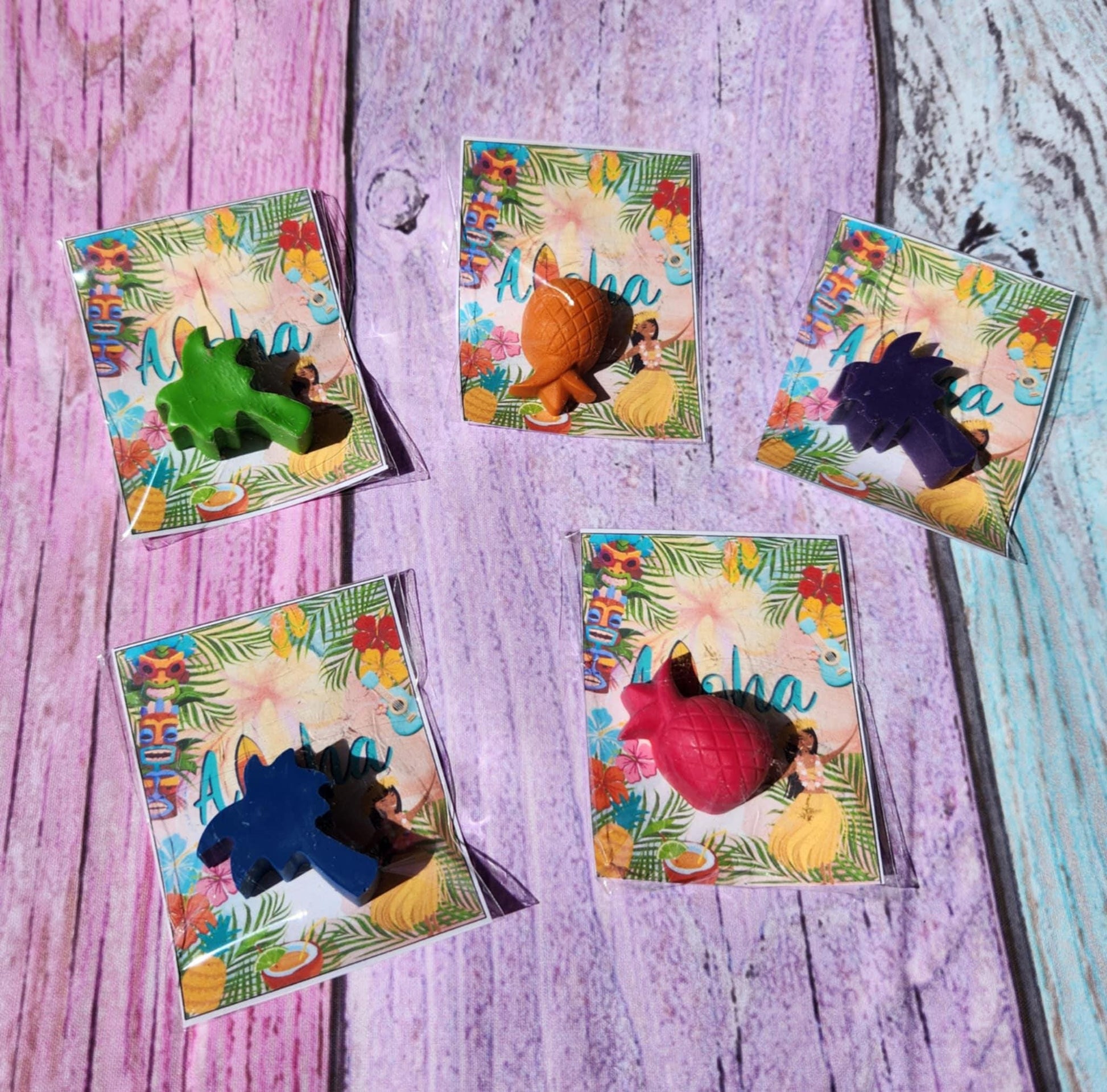 Hawaiian / Luau themed princess Party Favor Coloring Kits, Crayon names, Crayons, Birthday Party Favors