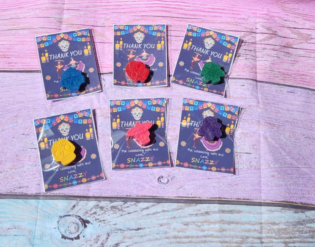 Sugar Skull Crayon Thank You Cards – Party Favors – Day of the Dead Gifts – Crayon Goodie Bags – Colorful Kids Party Favors – Birthday Favor