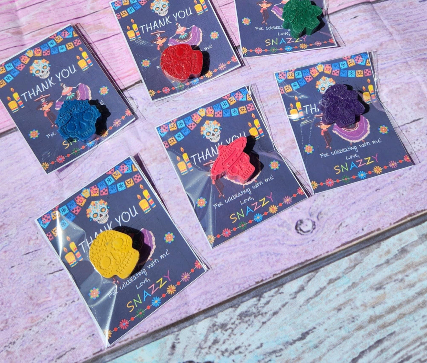 Sugar Skull Crayon Thank You Cards – Party Favors – Day of the Dead Gifts – Crayon Goodie Bags – Colorful Kids Party Favors – Birthday Favor