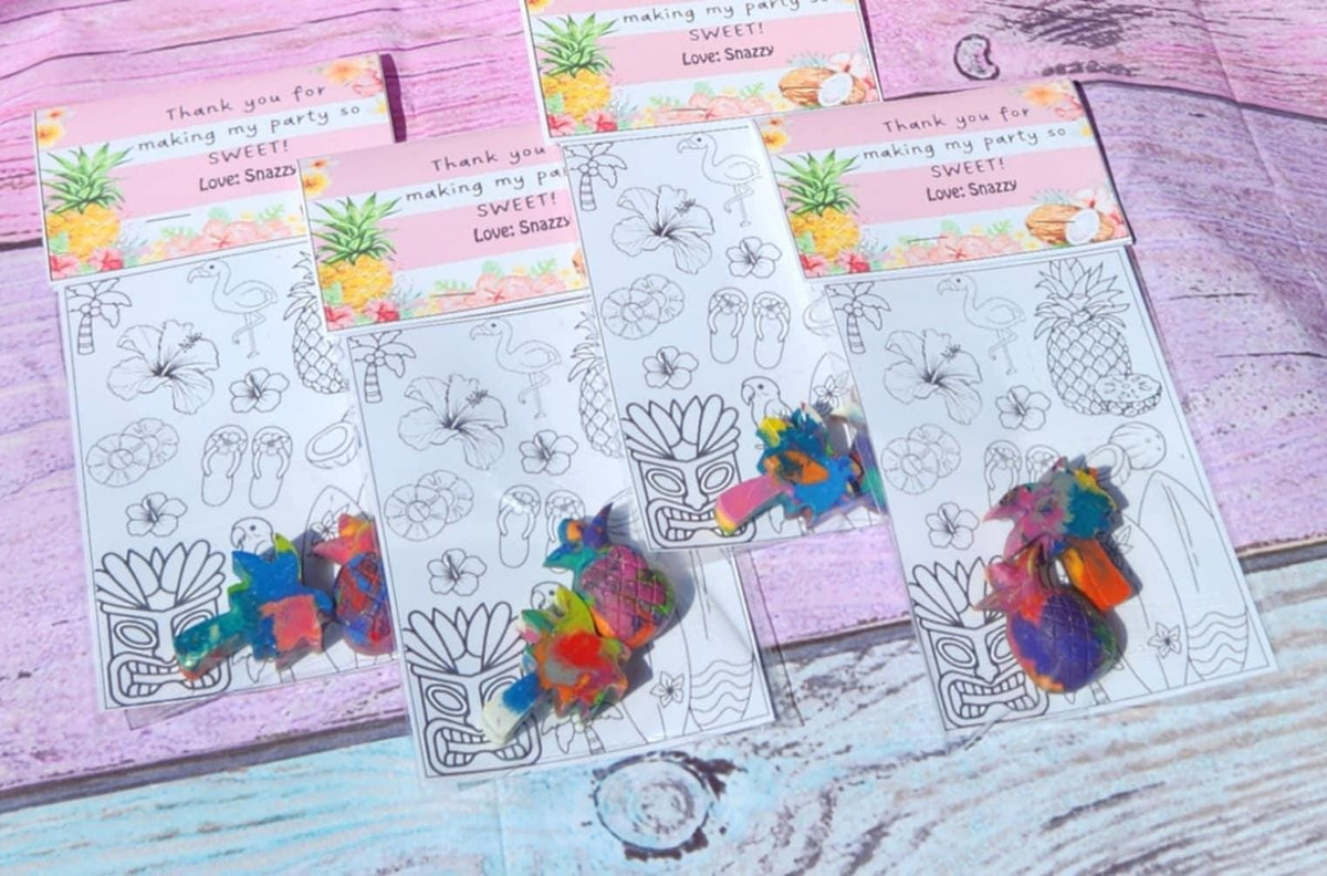 Luau Party Favors: Pineapple & Palm Tree Crayons with Coloring Page