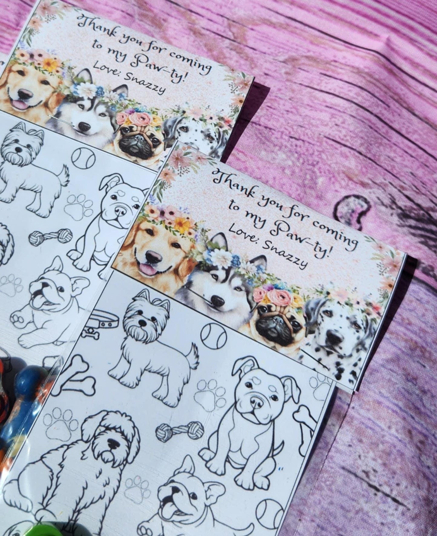Girl Dog Party Favors: Paw & Bone Crayons with Coloring Card