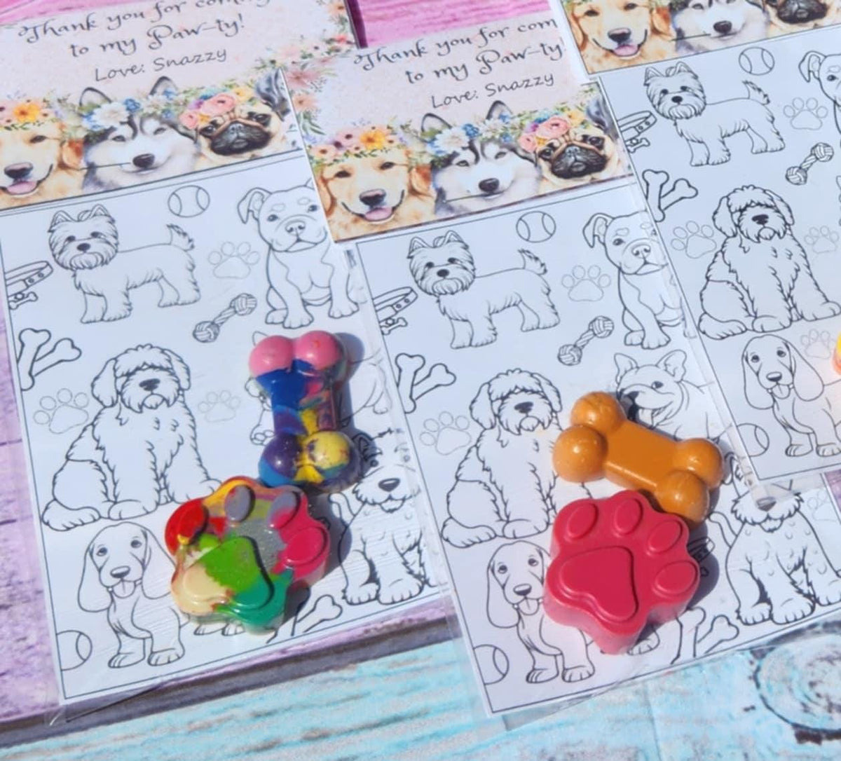 Girl Dog Party Favors: Paw & Bone Crayons with Coloring Card