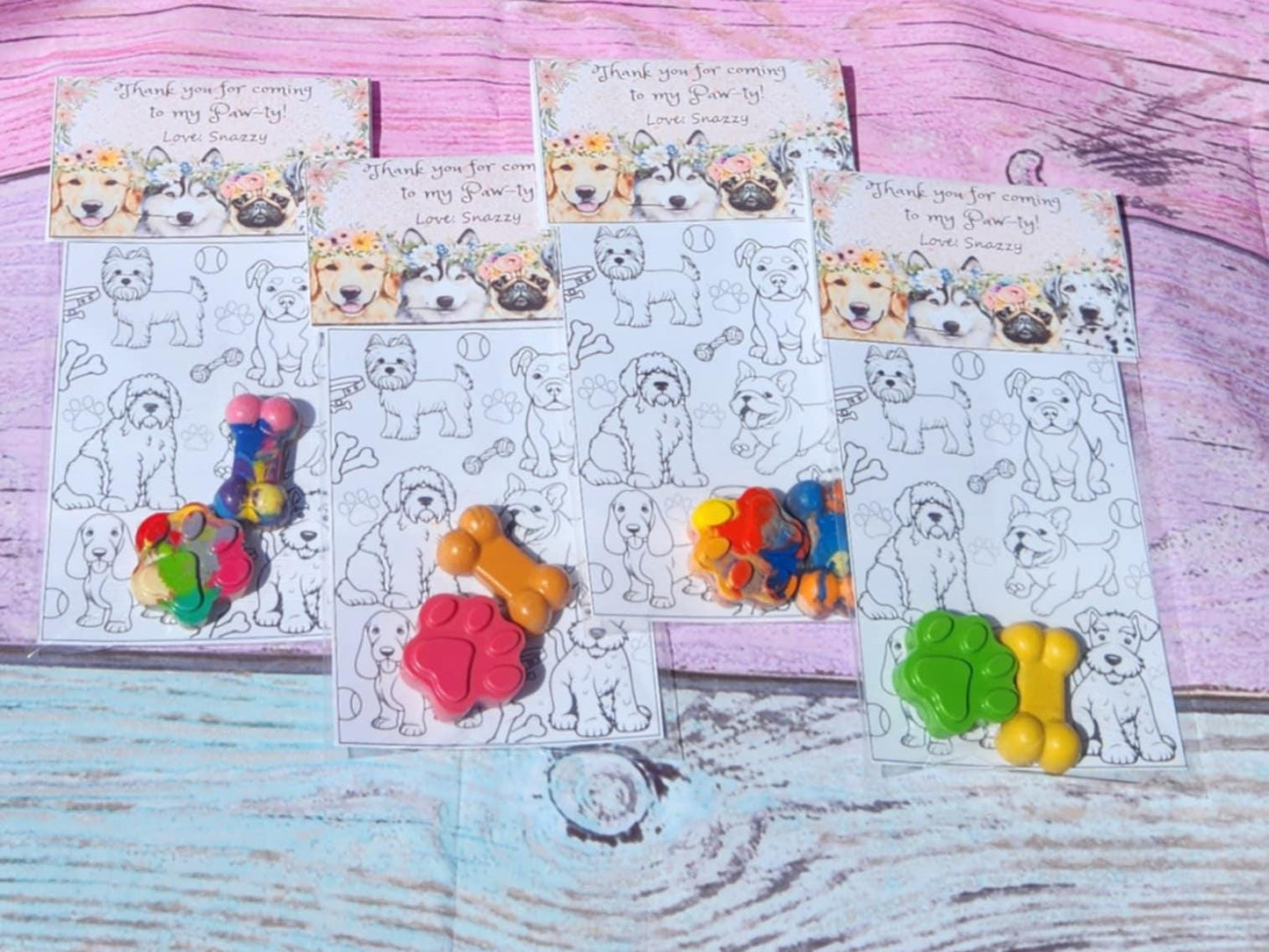 Girl Dog Party Favors: Paw & Bone Crayons with Coloring Card