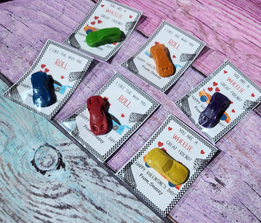 Race Car Valentine’s Day Cards with Crayons | Personalized Kids Valentines | Classroom Gift Idea | Non-Candy Party Favor