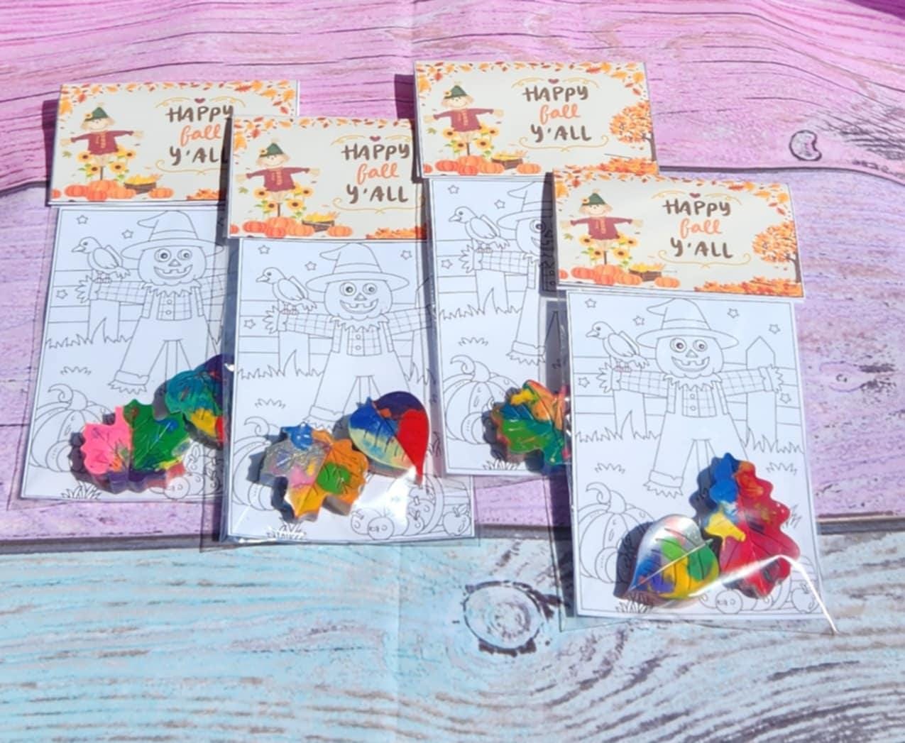 Happy Fall Coloring Kits | Leaf Crayons | Thanksgiving Party Favors | Fall Kids Activity | Non-Toxic Crayons | Classroom Gifts