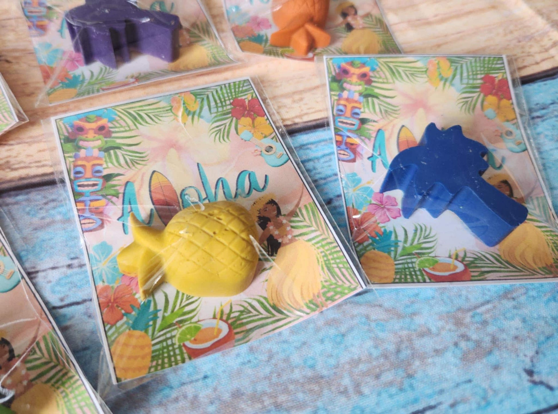 Hawaiian / Luau themed princess Party Favor Coloring Kits, Crayon names, Crayons, Birthday Party Favors