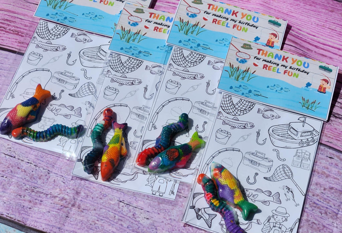 Fishing Party Favors – Fish & Worm Crayon Coloring Kits, Personalized Birthday Favors, Non-Toxic Crayons