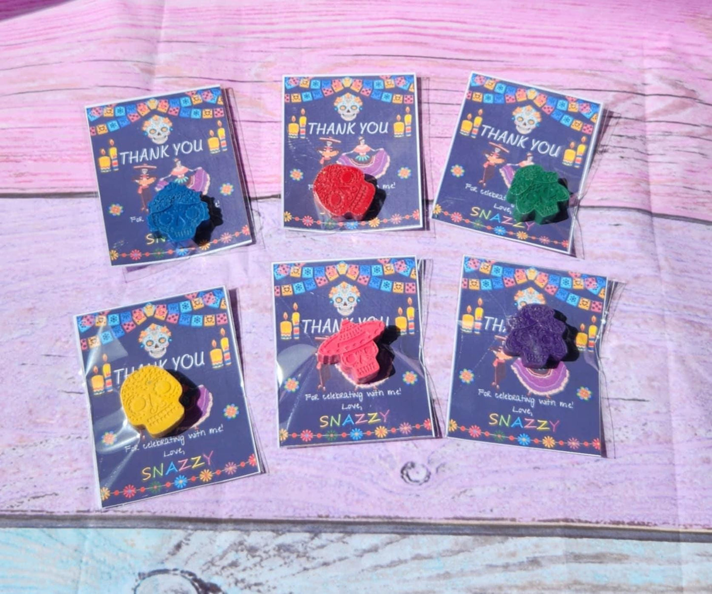 Sugar Skull Crayon Thank You Cards – Party Favors – Day of the Dead Gifts – Crayon Goodie Bags – Colorful Kids Party Favors – Birthday Favor