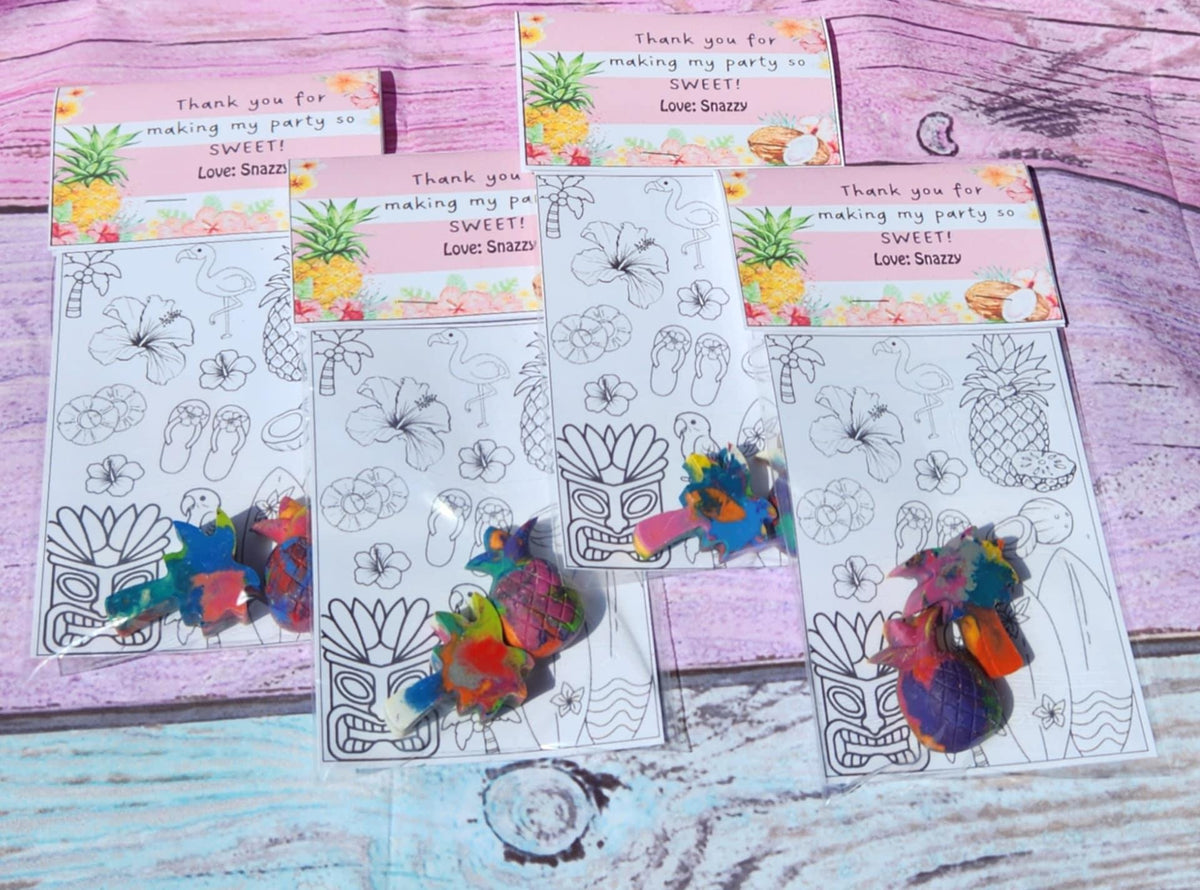 Luau Party Favors: Pineapple & Palm Tree Crayons with Coloring Page