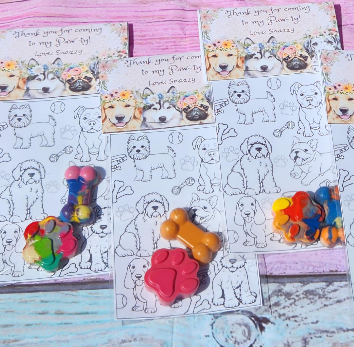 Girl Dog Party Favors: Paw & Bone Crayons with Coloring Card