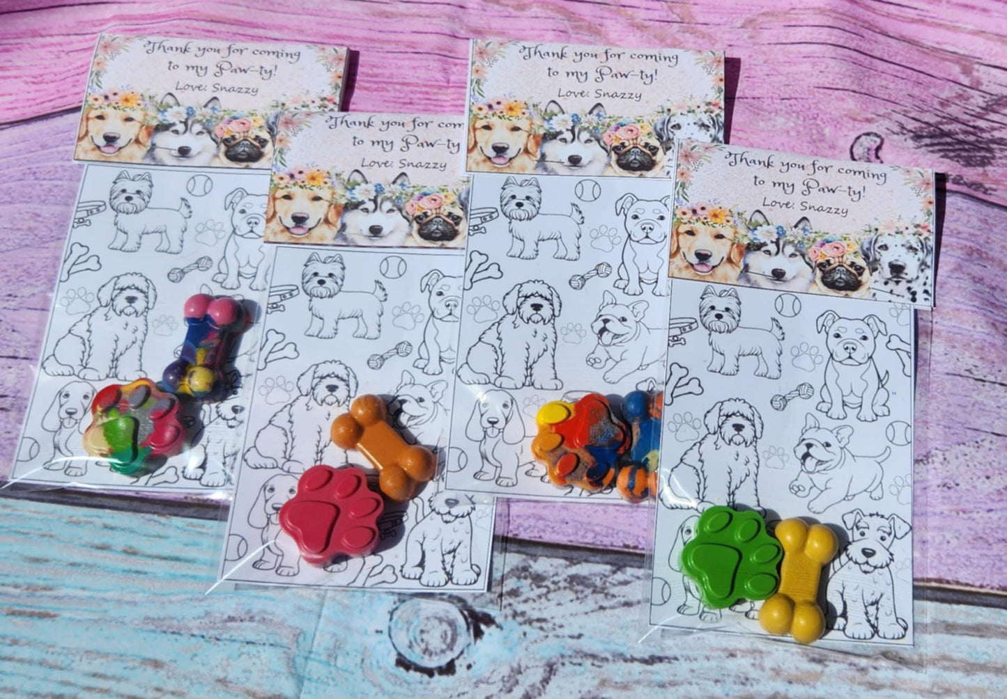 Girl Dog Party Favors: Paw & Bone Crayons with Coloring Card