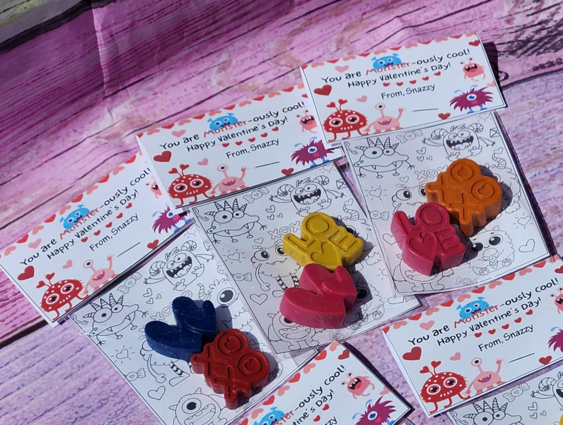 Monsters Valentine's Day Crayons with Coloring Kit | Silly Monster Class Favors | Non-Candy Valentines for Kids