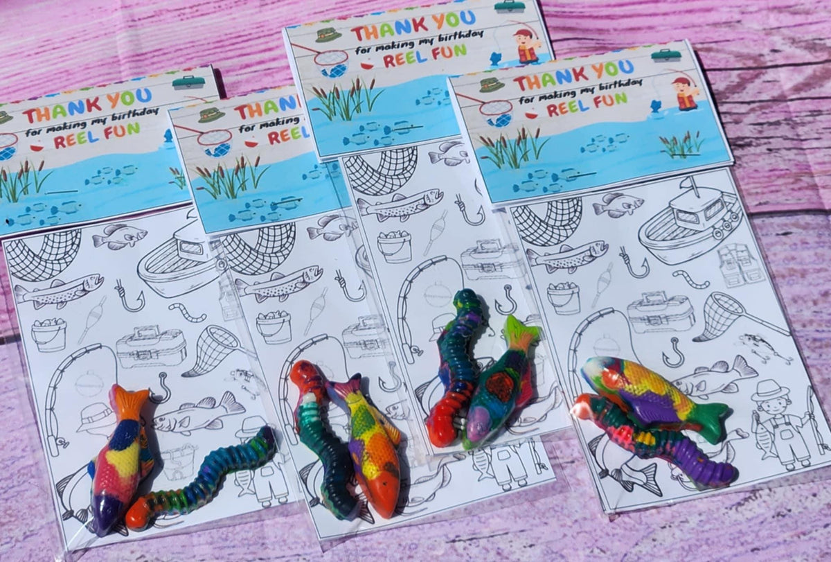 Fishing Party Favors – Fish & Worm Crayon Coloring Kits, Personalized Birthday Favors, Non-Toxic Crayons