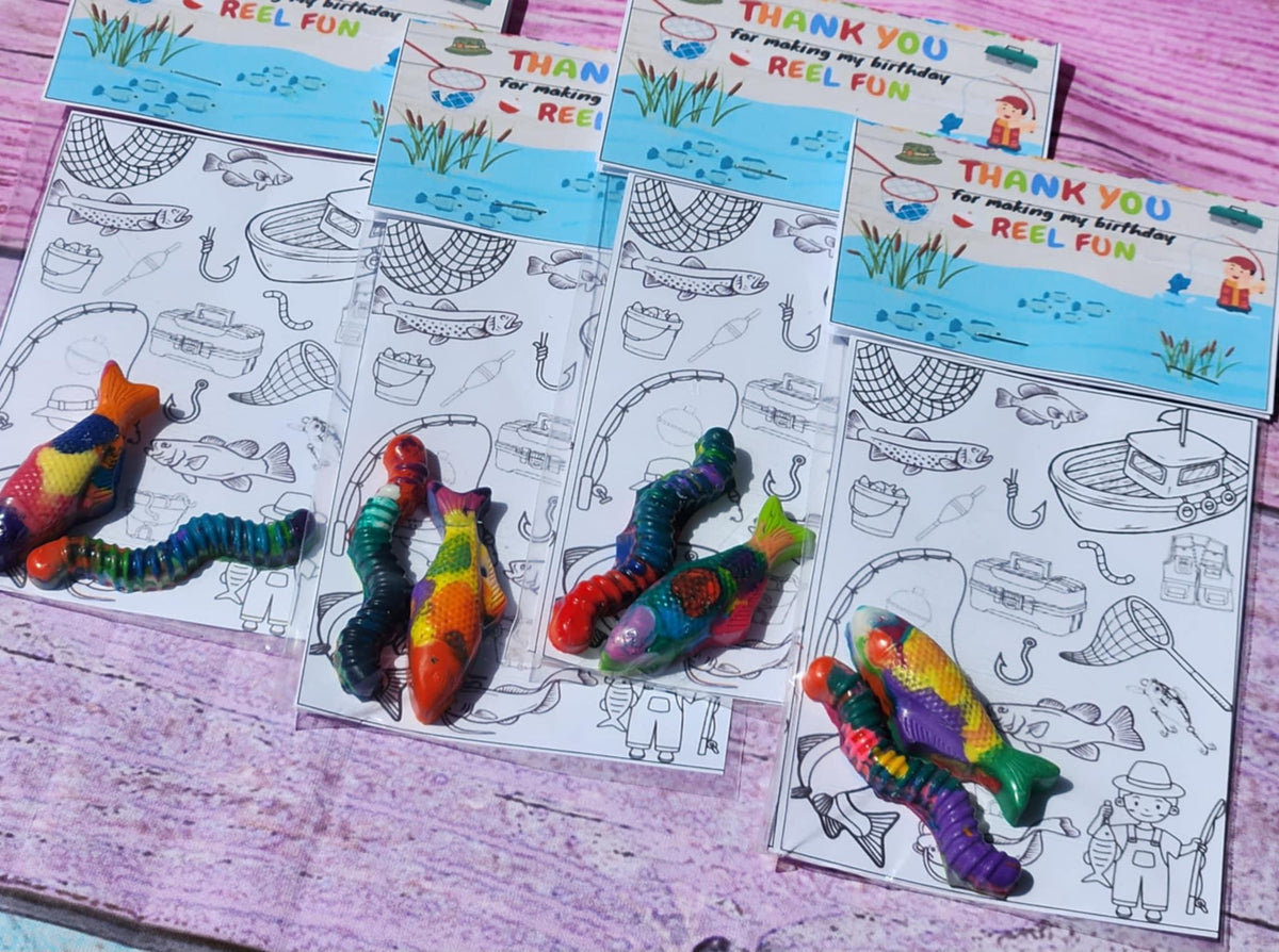 Fishing Party Favors – Fish & Worm Crayon Coloring Kits, Personalized Birthday Favors, Non-Toxic Crayons