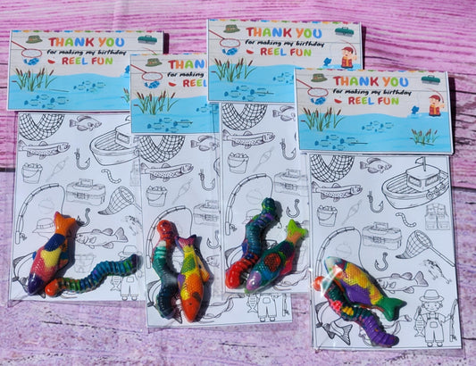 Fishing Party Favors – Fish & Worm Crayon Coloring Kits, Personalized Birthday Favors, Non-Toxic Crayons