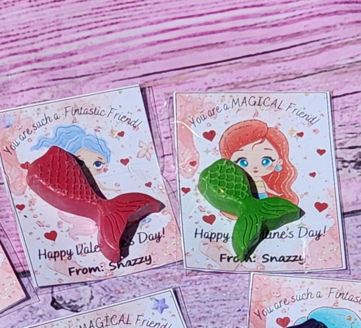 Mermaid Valentine’s Day Cards | Personalized Classroom Handouts and Party Favors | Kids Valentines with Crayon | Themed School Valentines