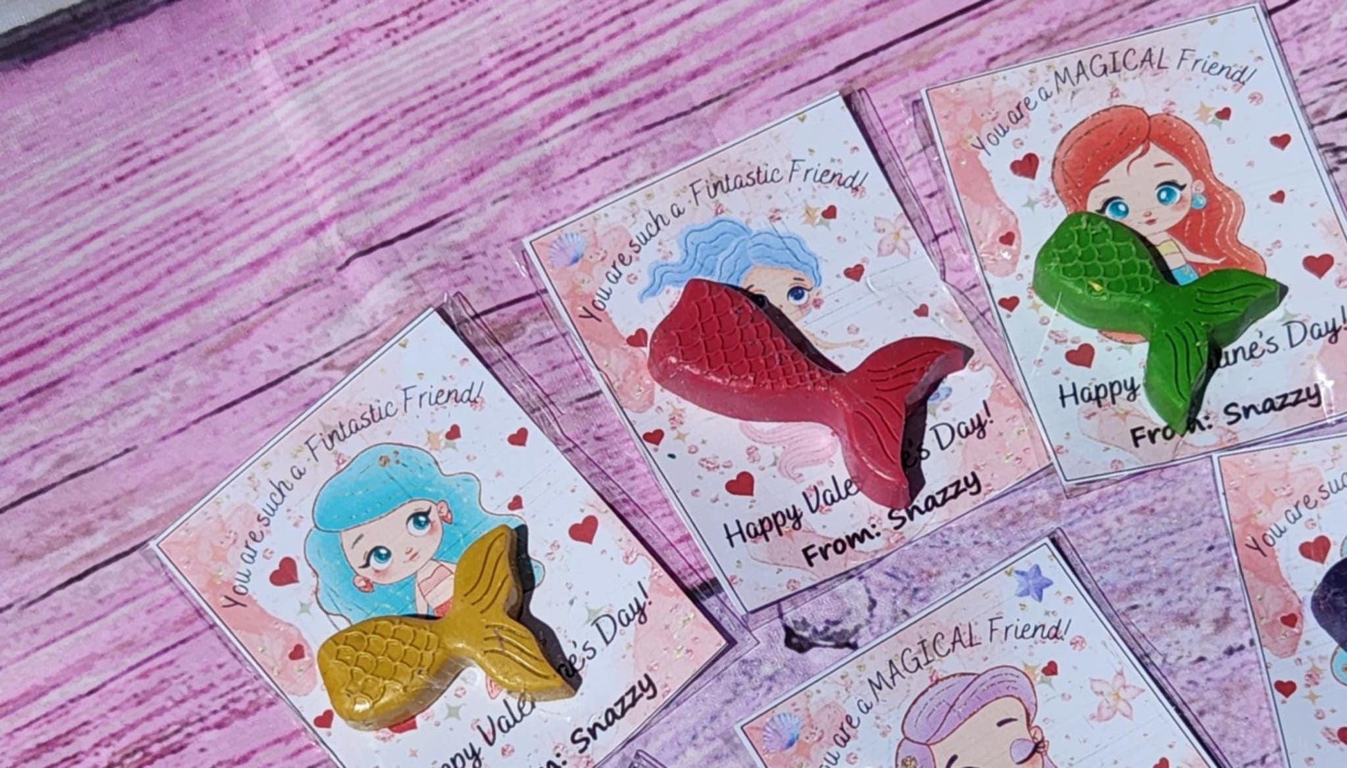 Mermaid Valentine’s Day Cards | Personalized Classroom Handouts and Party Favors | Kids Valentines with Crayon | Themed School Valentines