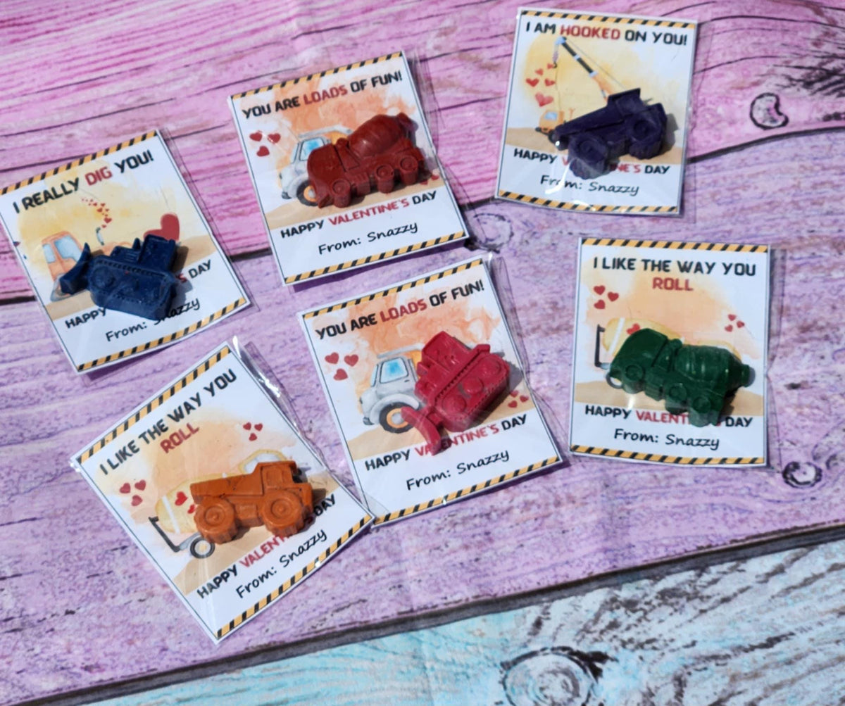 Construction Valentine's Day Cards with Crayon | Boys Valentines | Kids Valentine Party Favors | Non-Candy Class Handouts | School Gifts