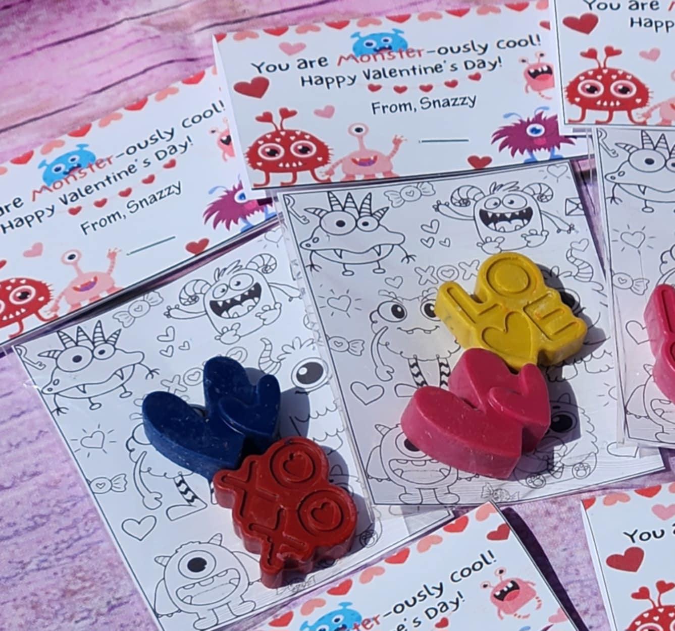 Monsters Valentine's Day Crayons with Coloring Kit | Silly Monster Class Favors | Non-Candy Valentines for Kids