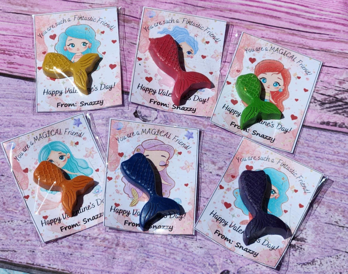 Mermaid Valentine’s Day Cards | Personalized Classroom Handouts and Party Favors | Kids Valentines with Crayon | Themed School Valentines