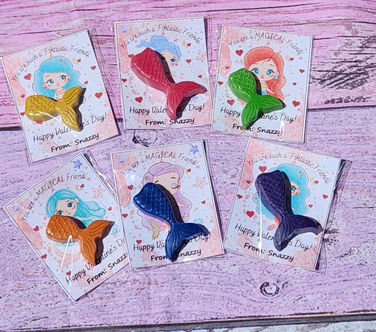 Mermaid Valentine’s Day Cards | Personalized Classroom Handouts and Party Favors | Kids Valentines with Crayon | Themed School Valentines