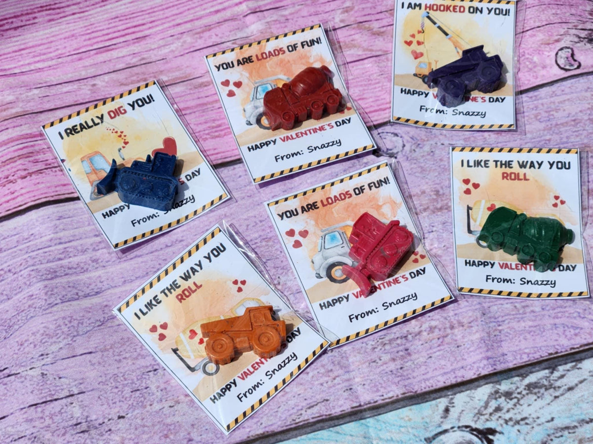 Construction Valentine's Day Cards with Crayon | Boys Valentines | Kids Valentine Party Favors | Non-Candy Class Handouts | School Gifts