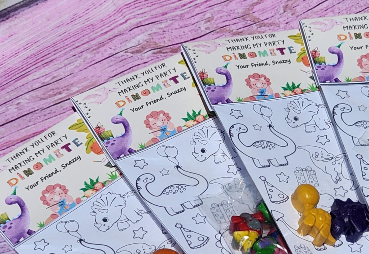 Dinosaur Girl Coloring Kit – Dino Crayon Party Favors for Girls – Birthday Goodie Bags – Coloring Page – Non-Toxic Crayons – Custom Topper