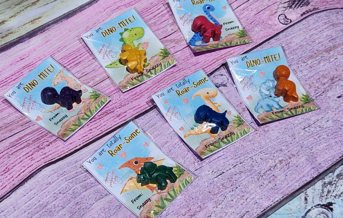 Dinosaur Valentine Cards with Crayons – Kids Valentine’s Day Favors – Classroom Gift – Non-Toxic Dino Crayons – Party Favor for Kids