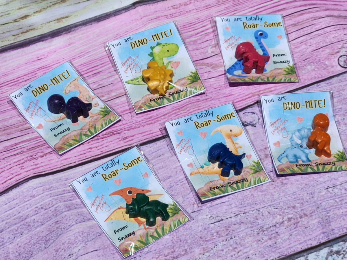 Dinosaur Valentine Cards with Crayons – Kids Valentine’s Day Favors – Classroom Gift – Non-Toxic Dino Crayons – Party Favor for Kids