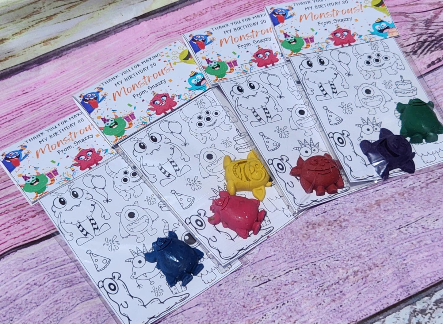 Monster birthday Coloring Kits , Party Favors, Crayon names, Crayons, Birthday party gifts. Birthday favors