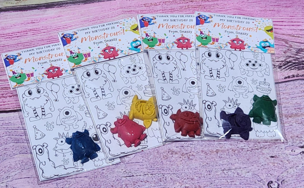 Monster birthday Coloring Kits , Party Favors, Crayon names, Crayons, Birthday party gifts. Birthday favors