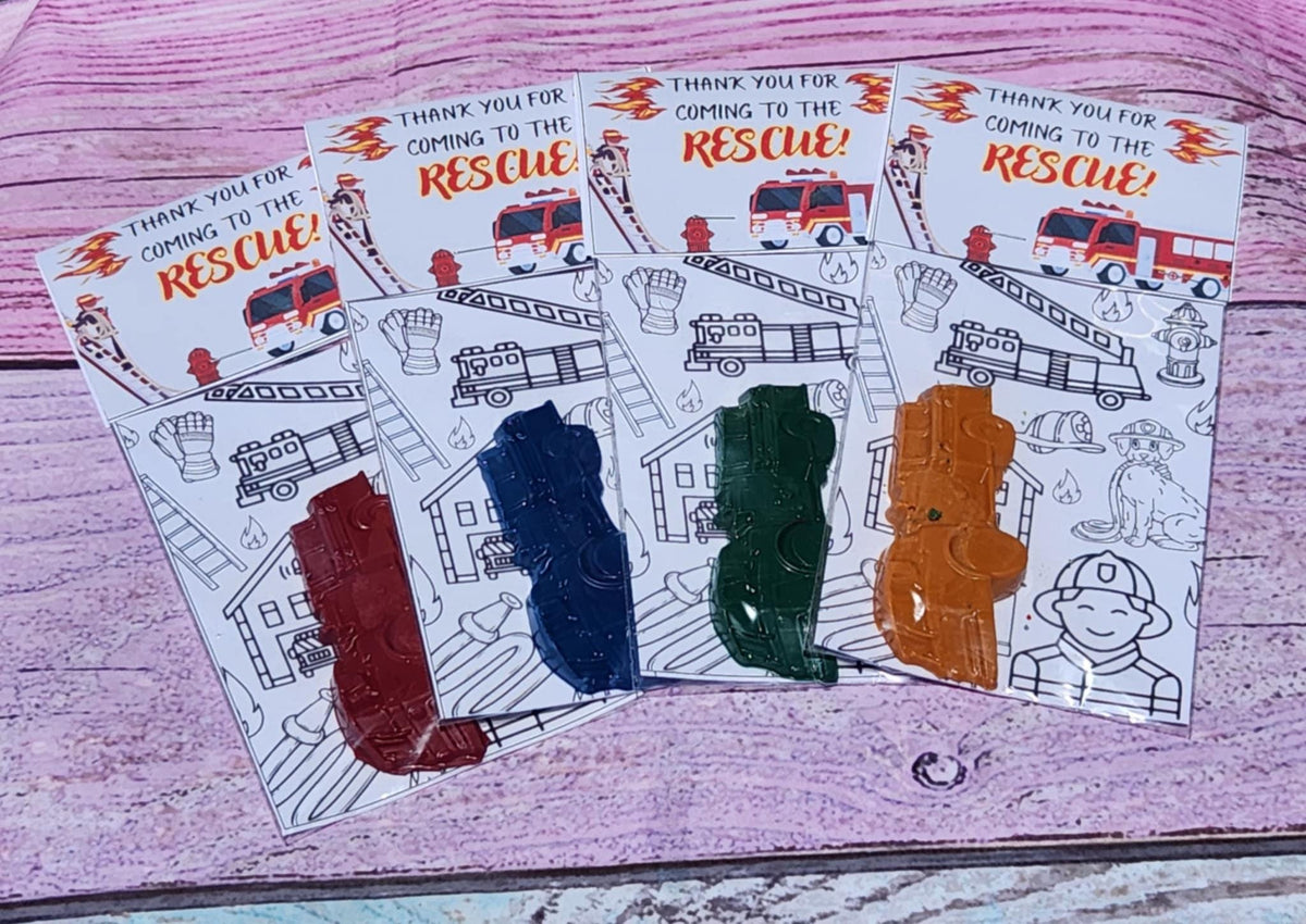 Kids Firetruck Crayons with Coloring Kit - Firetruck Party Favors, Non-Toxic Crayons, Birthday Activity Set, Thanks for Coming to the Rescue