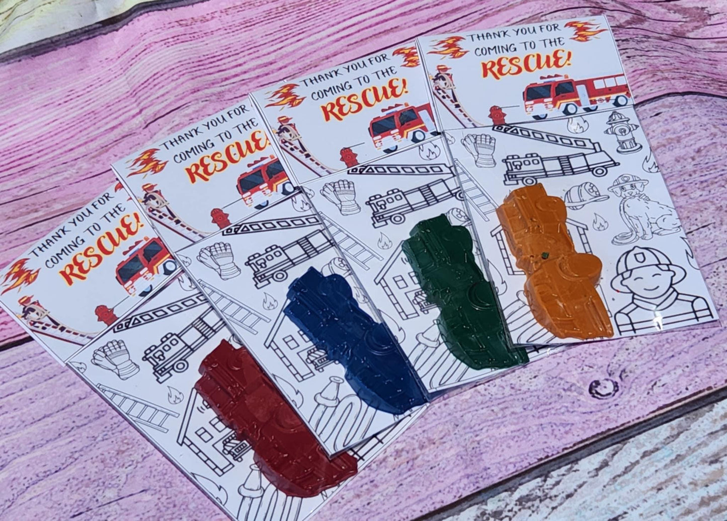 Kids Firetruck Crayons with Coloring Kit - Firetruck Party Favors, Non-Toxic Crayons, Birthday Activity Set, Thanks for Coming to the Rescue