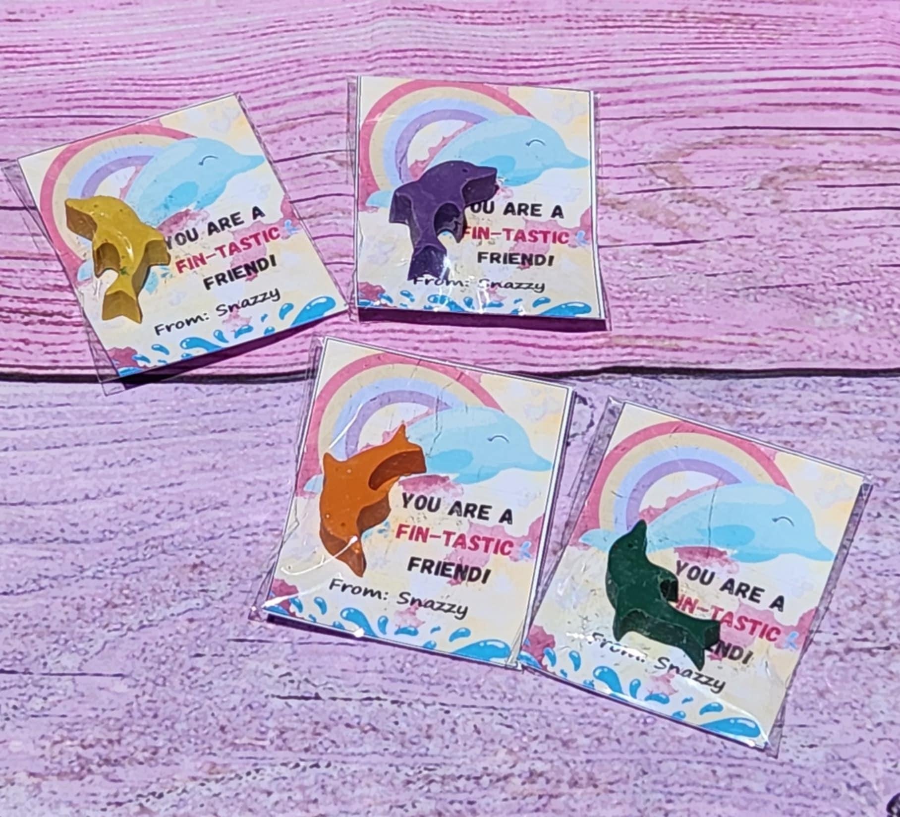 Dolphin Valentine Cards for Kids – Personalized Non-Candy Classroom Favors – Crayon Valentines – Cute School Valentine Exchange Gifts