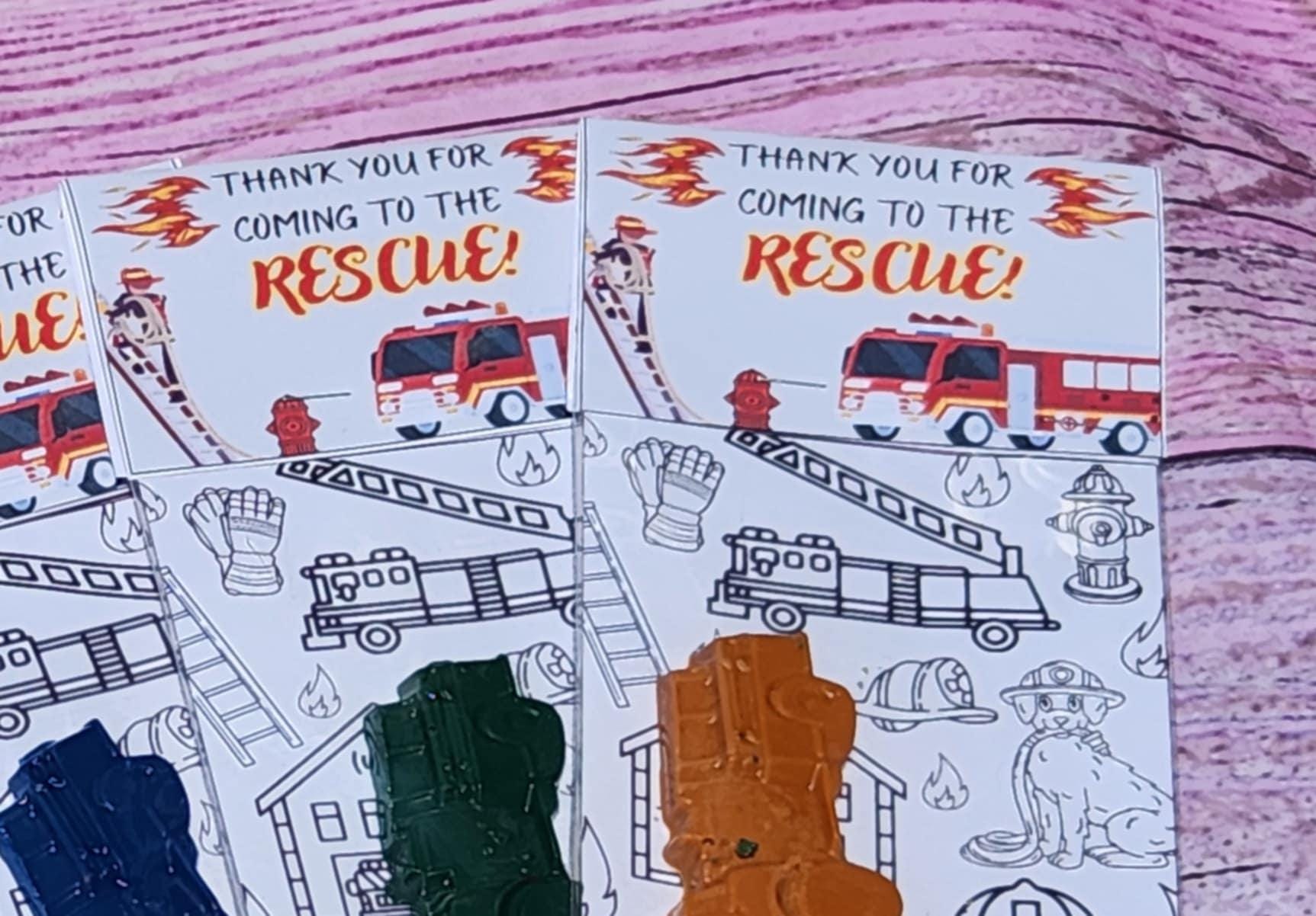 Kids Firetruck Crayons with Coloring Kit - Firetruck Party Favors, Non-Toxic Crayons, Birthday Activity Set, Thanks for Coming to the Rescue