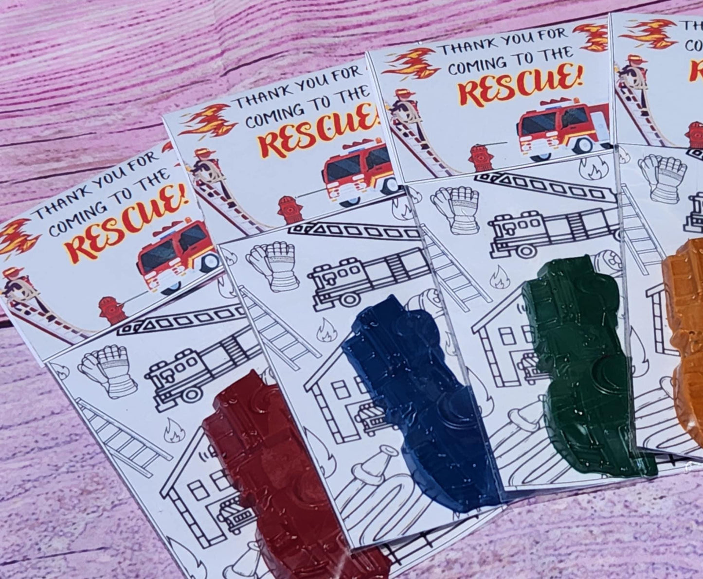 Kids Firetruck Crayons with Coloring Kit - Firetruck Party Favors, Non-Toxic Crayons, Birthday Activity Set, Thanks for Coming to the Rescue