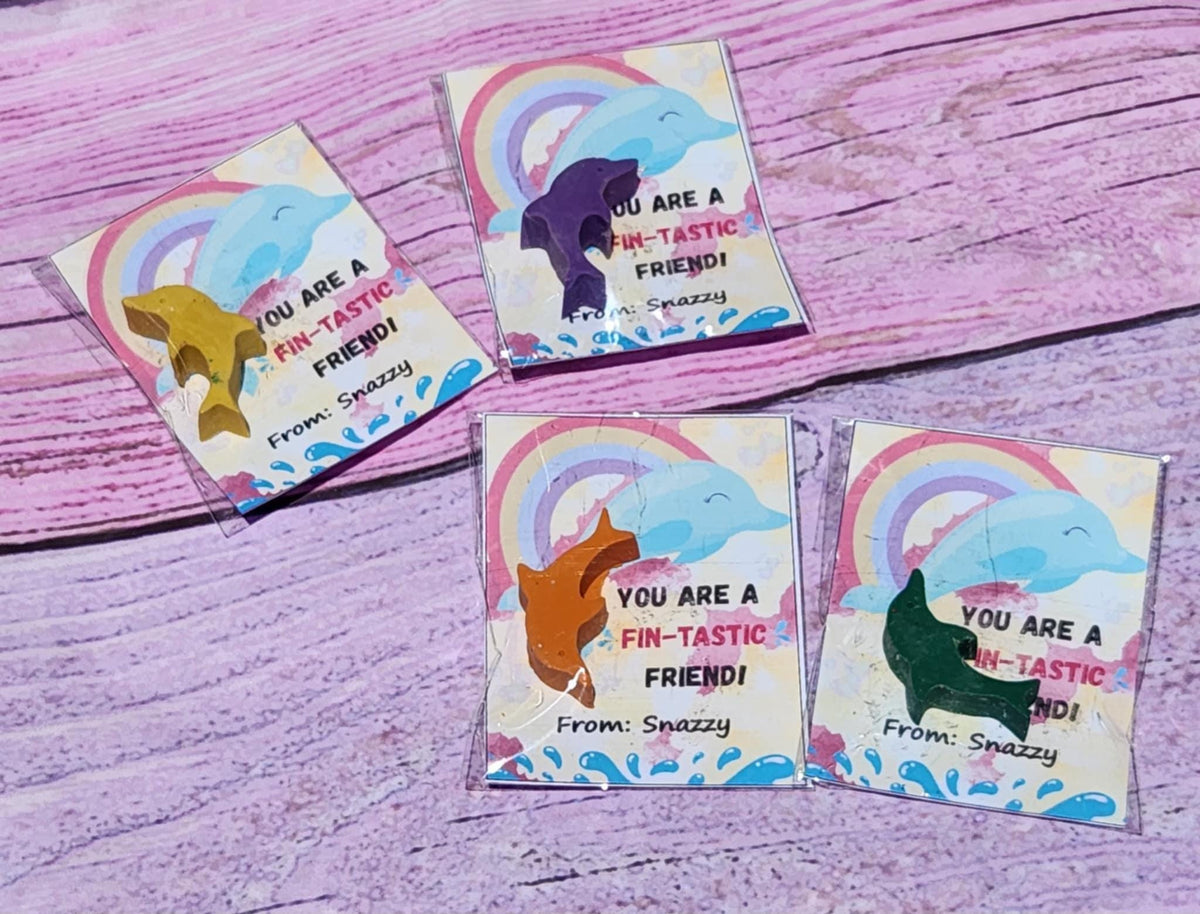 Dolphin Valentine Cards for Kids – Personalized Non-Candy Classroom Favors – Crayon Valentines – Cute School Valentine Exchange Gifts