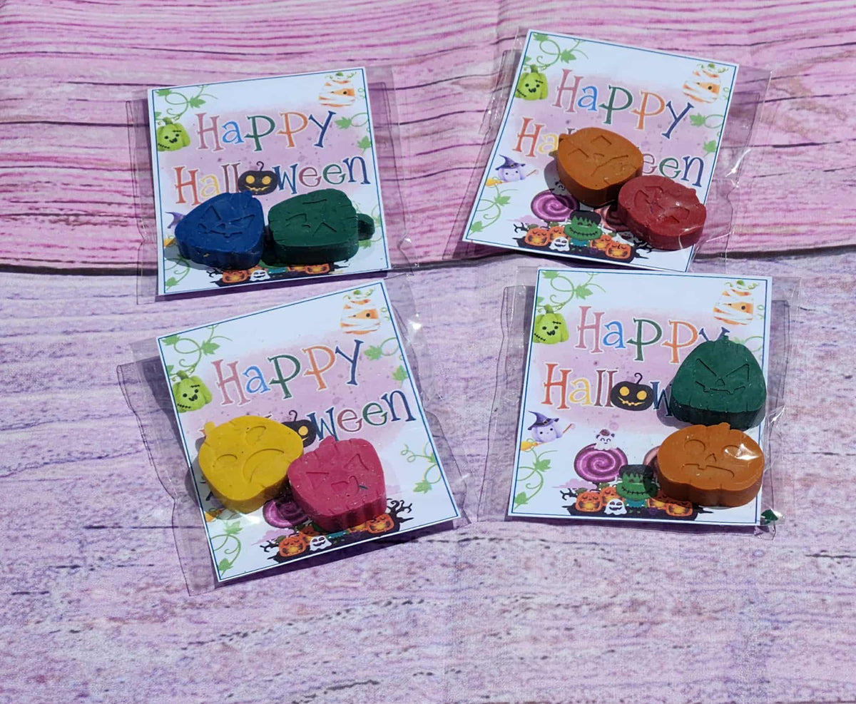 Halloween Pumpkin Crayons with Cards | Trick or Treat Handouts | Classroom Halloween Party Favors | Non-Candy Kids Gifts