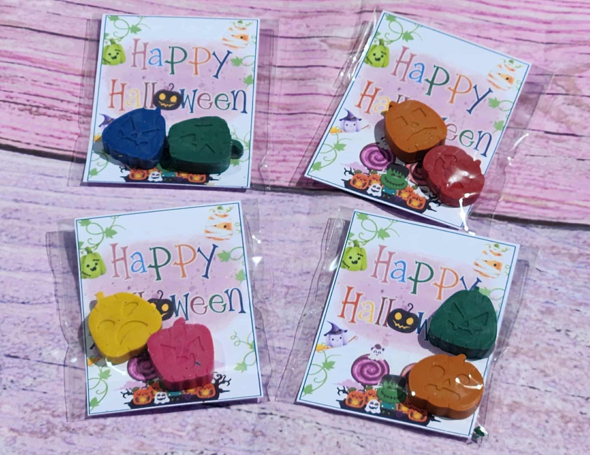 Halloween Pumpkin Crayons with Cards | Trick or Treat Handouts | Classroom Halloween Party Favors | Non-Candy Kids Gifts