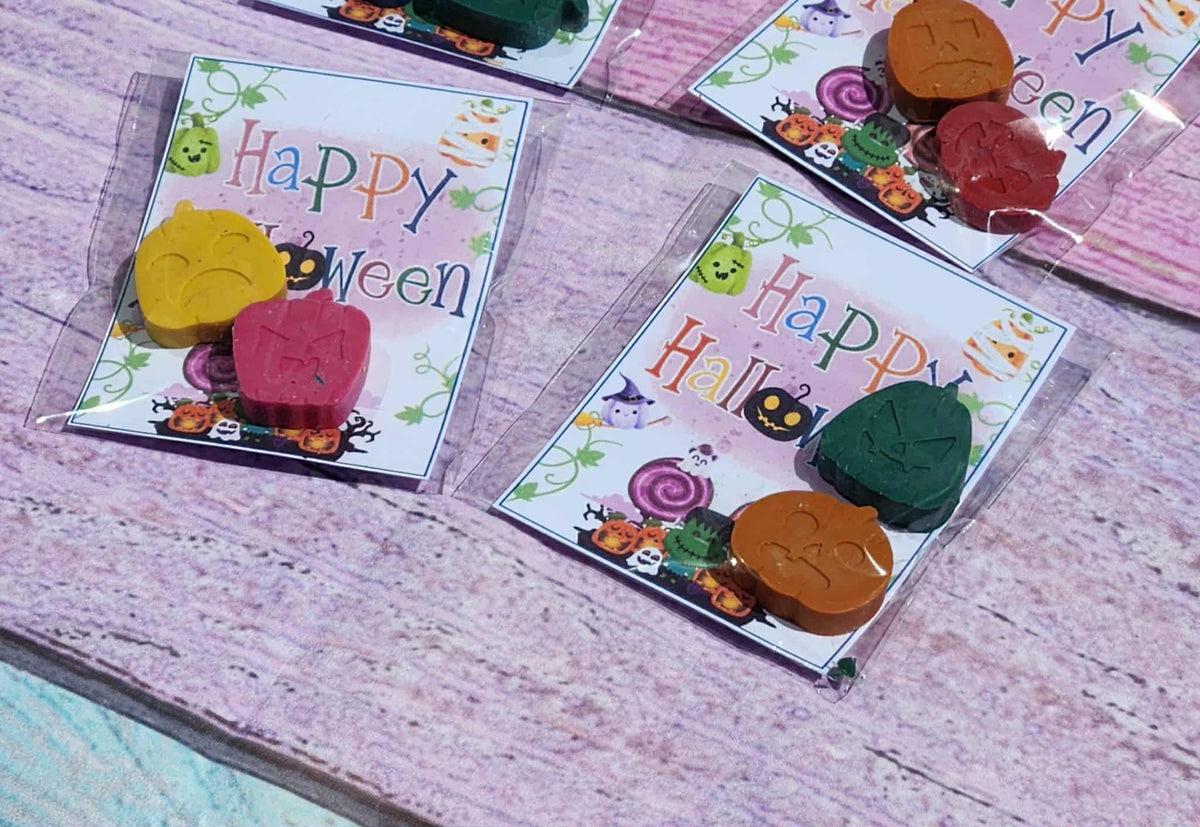 Halloween Pumpkin Crayons with Cards | Trick or Treat Handouts | Classroom Halloween Party Favors | Non-Candy Kids Gifts