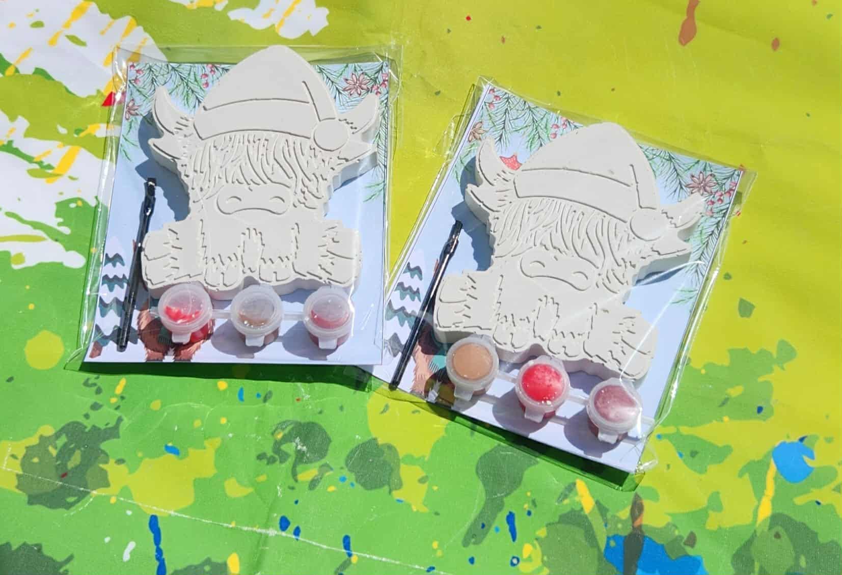 Christmas Highland Cow Plaster Painting Kit | Craft for Kids | Non-Toxic Paint Kit | Farm Animal Party Favor | Christmas Classroom Activity