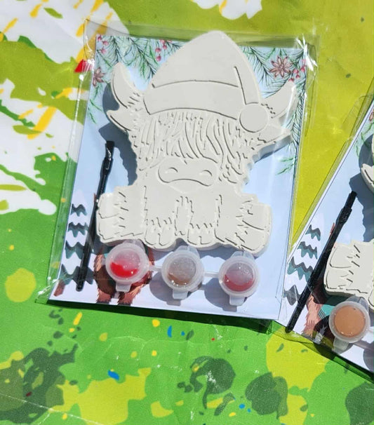 Christmas Highland Cow Plaster Painting Kit | Craft for Kids | Non-Toxic Paint Kit | Farm Animal Party Favor | Christmas Classroom Activity